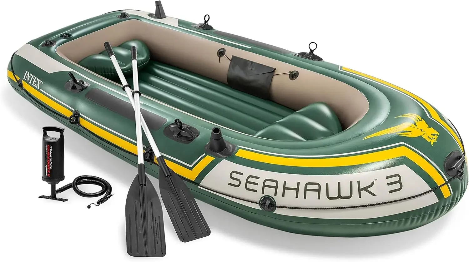 Fishing Boat Oar - INTEX 66332EP シーホーク2 インフレータブルボートセット：高級48インチアルミニウム製オールと高出力ポンプ、超耐久性PVC素材、釣り竿ホルダー、2人乗り、耐荷重520ポンド